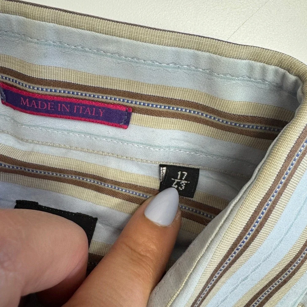 Paul Smith Shirt Mens 17 Blue Brown Striped Button Up Designer Made In Italy‎